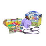 Purple plastic horse toy with metal ring and braided purple black leash for likit starter kits horse treats and toys