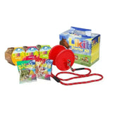 Red rope lead with black handles and metal clip paired with red plastic halter in likit starter kits for horse toys and treats