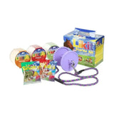 Purple plastic horse treat dispenser with metal clasp and braided leash for likit starter kits and horse toys