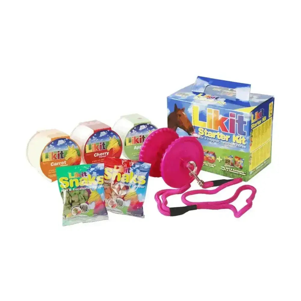Pink horse halter with black padded handles and metal buckle for likit starter kits horse toys and treats