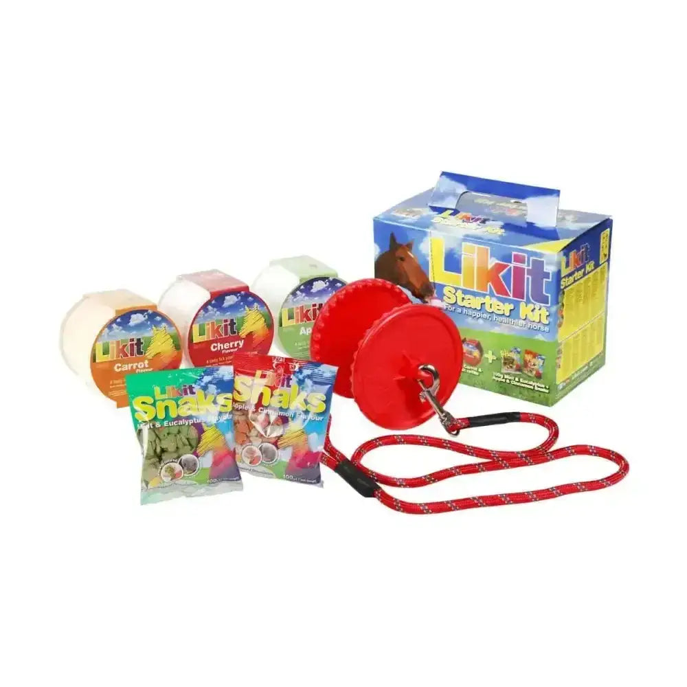 Red rope lead with black handles and metal clasp attached to red plastic horse halter wheel from likit starter kits horse toys