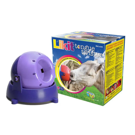Purple plastic likit tongue twister toy with rounded dome head for adventurous horses and horse treats playtime