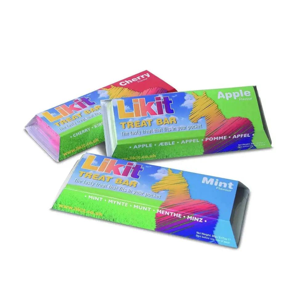 Colorful rectangular likit treat bars 90g in cherry apple and mint flavors with handy re-sealable pack