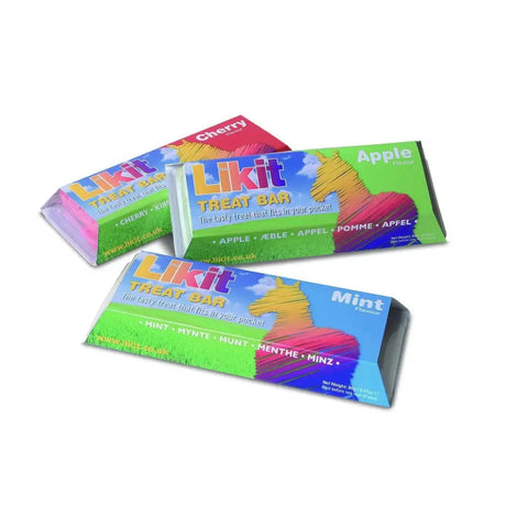 Colorful rectangular likit treat bars 90g in cherry apple and mint flavors with handy re-sealable pack