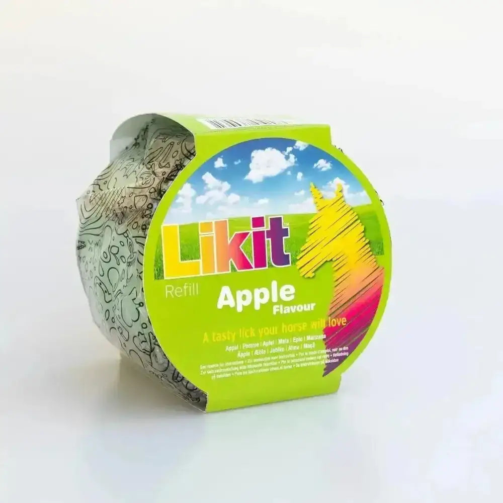 A vibrant green likit treats rope refill 650g with mouth-wateringly tasty apple flavor and a colorful horse label