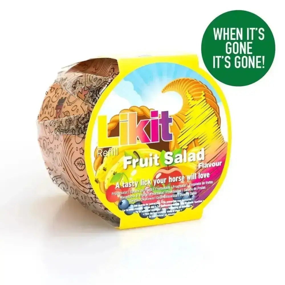 A vibrant yellow cylindrical likit treats rope refill 650g with colorful fruit salad flavor label for mouth-wateringly tasty treats rope