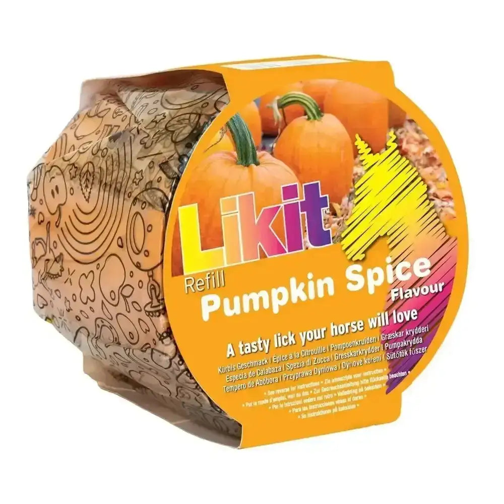 Orange and yellow likit treats rope refill 650g with mouth-wateringly tasty pumpkin spice flavor for horses