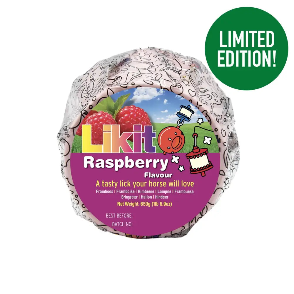 Round foil-wrapped raspberry likit treats rope refill with colorful cartoons and multilingual labels mouth-wateringly tasty likit