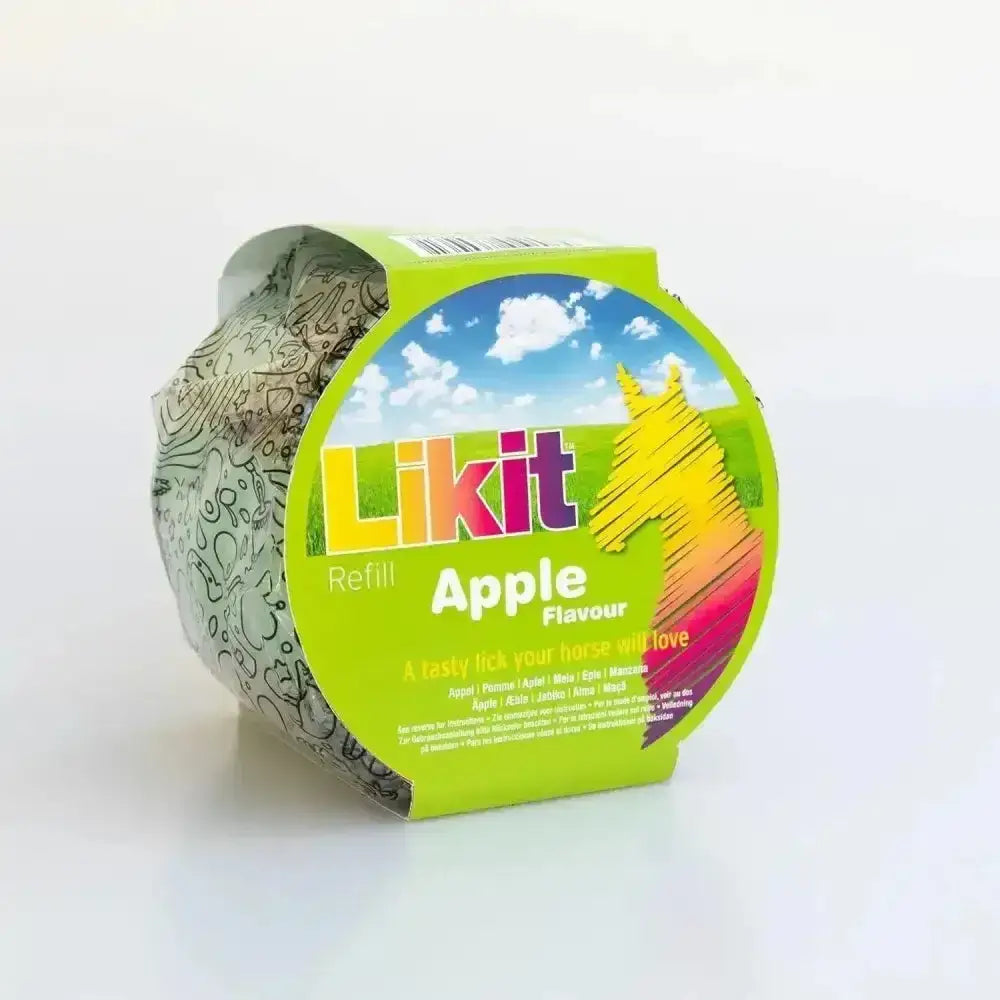 A vibrant green likit treats rope refill 650g with mouth-wateringly tasty apple flavour and a colorful horse illustration