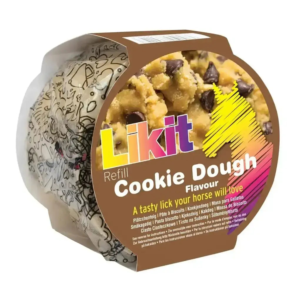 Clear plastic container of likit treats rope refill 650g with mouth-wateringly tasty chocolate chip cookie dough