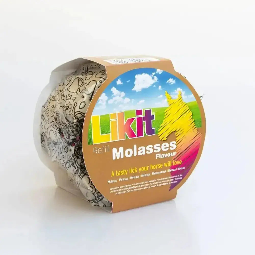 A cylindrical likit treats rope refill in molasses flavor with a brown cardboard sleeve and yellow horse illustration