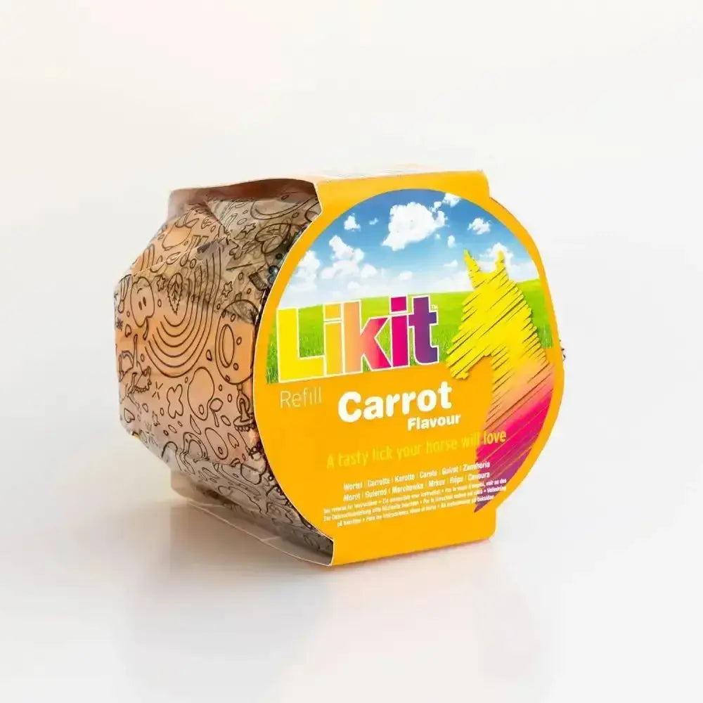 A vibrant yellow and green likit treats rope refill with carrot flavor and cartoon label in a bulk 650g x 12 pack