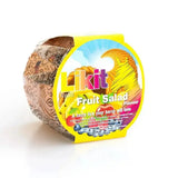 A vibrant yellow cylindrical container of mouth-wateringly tasty likit treats rope refill fruit salad flavor in bulk pack