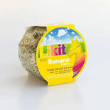 Yellow cylindrical likit treats rope refill with banana flavor featuring a horse silhouette against blue sky and green field