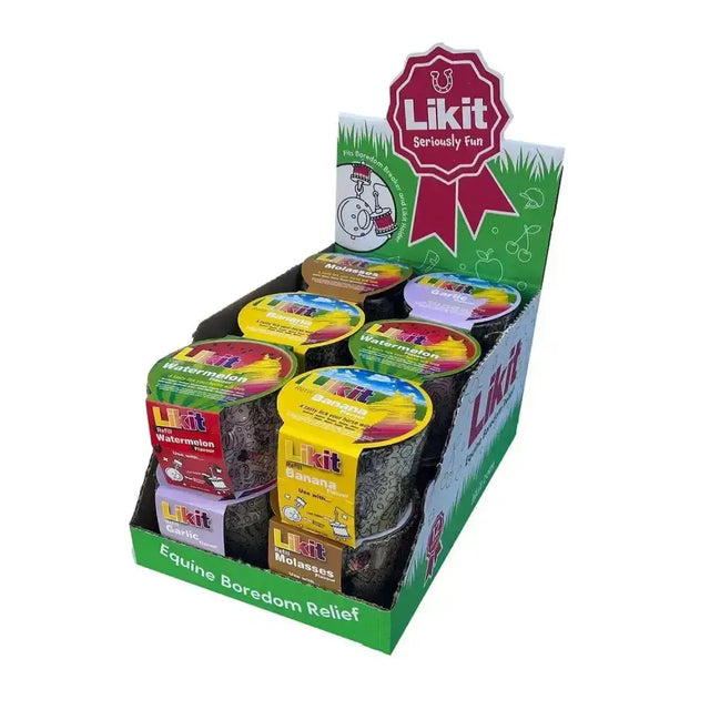 Colorful cylindrical containers of likit tropical assortment horse treats with sealed lids and distinct flavor labels