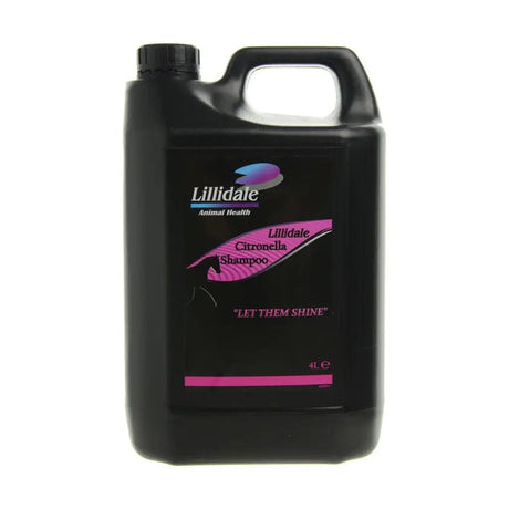 Black plastic jug of lillidale citronella shampoo 4l for grooming with natural citronella horse supplements benefits