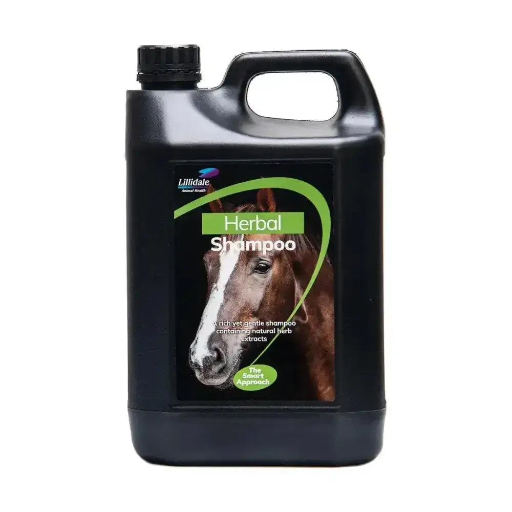 Black plastic jug of lillidale herbal shampoo with natural herb extracts and long lasting fragrance featuring horse label