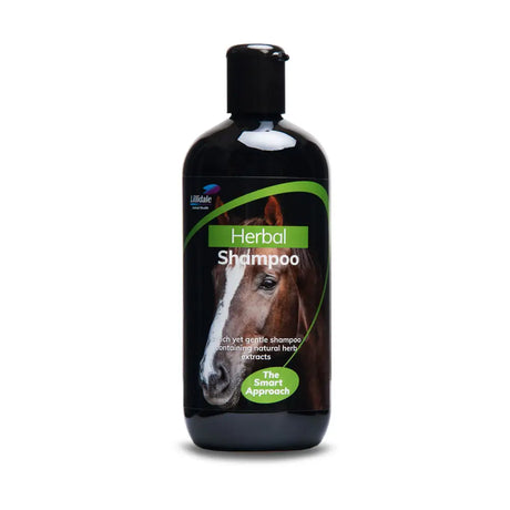 Black plastic bottle of lillidale herbal shampoo with green label, horse image, natural herb extracts, and long lasting fragrance