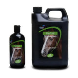 Black plastic bottle of lillidale herbal shampoo with green label featuring horse image and natural herb extracts for long lasting fragrance