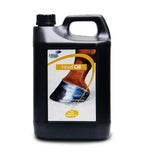 Black plastic jug of lillidale hoof oil with anti-bacterial enhanced formulation to prevent brittle split hooves