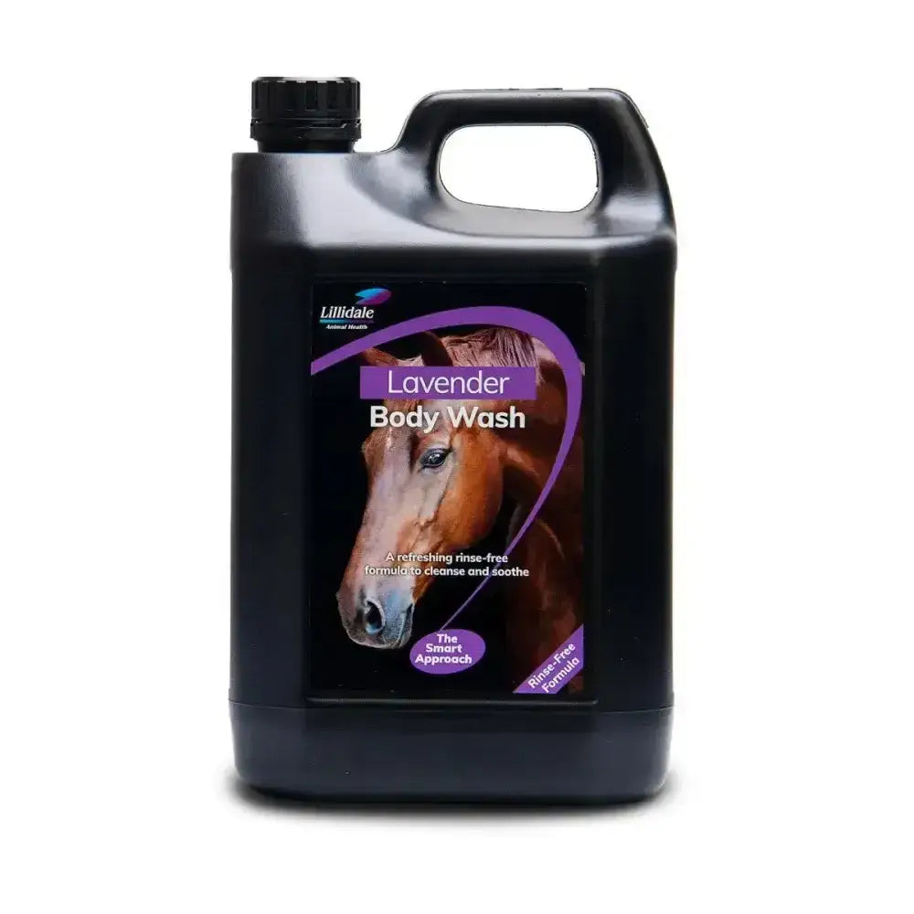 Black plastic jug of lillidale lavender body wash with a horse image on the label perfect as refreshing lavender soap and horse-friendly body wash
