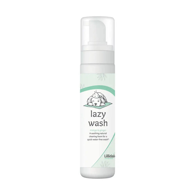 White pump bottle of lillidale lazy wash pet cleaning foam with mint chamomile scent and hydrolysed wheat protein