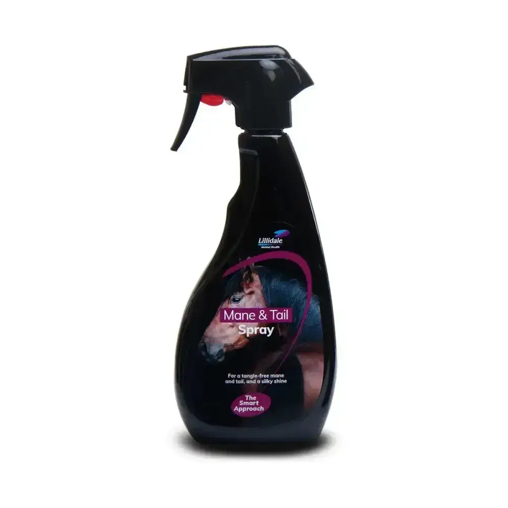 Black plastic spray bottle with red trigger labeled lillidale mane & tail spray ensures tangle free mane & tail care