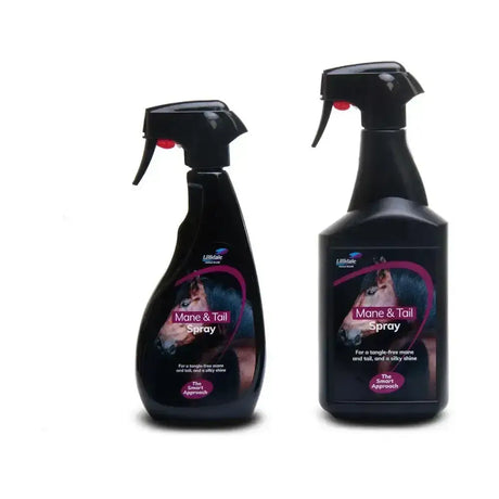 Two black plastic spray bottles of lillidale mane & tail spray with pink and white labels featuring a horse image ensures tangle free mane & tail