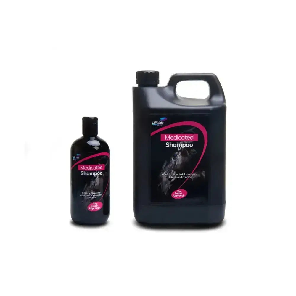 Black plastic bottles of lillidale medicated shampoo with pink horse label featuring mild anti-bacterial agent