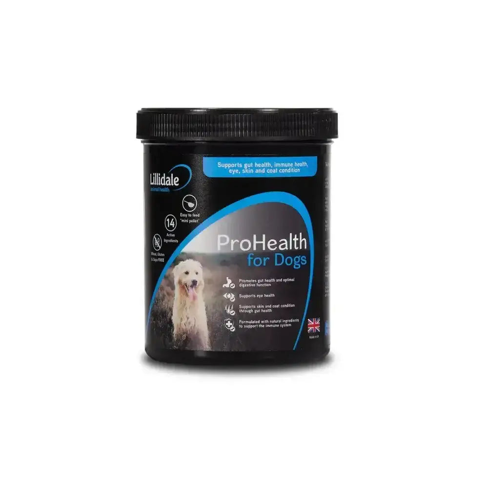 Black cylindrical container of lillidale prohealth for dogs supplement with blue label and white dog image for equestrian use