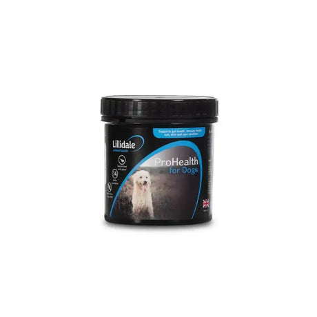 Black cylindrical container of lillidale prohealth dog supplement with blue label and white dog image for equestrian care