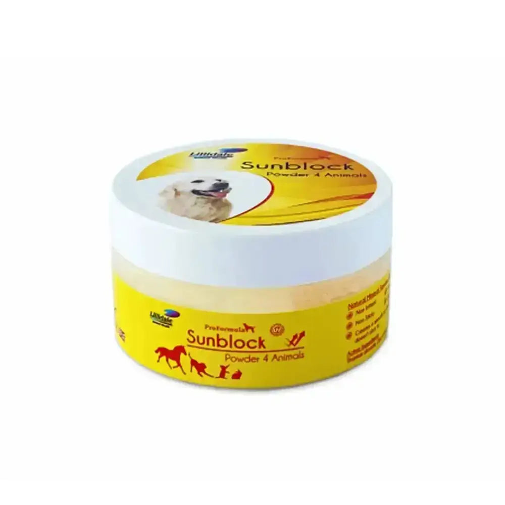 Yellow lillidale sunblock powder container with white lid and pet illustrations featuring unique powder formula for uvb rays protection