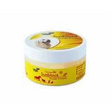 Yellow lillidale sunblock powder container with white lid and pet illustrations featuring unique powder formula for uvb rays protection