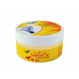Yellow cylindrical container of lillidale sunblock powder with a white lid and animal illustrations blocking uvb rays