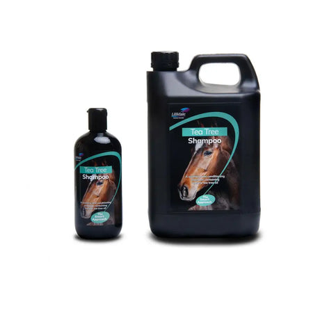 Black plastic bottle of lillidale tea tree conditioning anti-bacterial shampoo with teal label featuring a horse face
