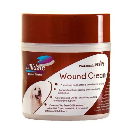 Lillidale wound cream in a white jar with brown lid is a soothing antibacterial wound cream for dogs