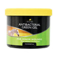 Lincoln antibacterial green gel in a black jar with yellow lid forms a water-resistant antibacterial barrier for horse care