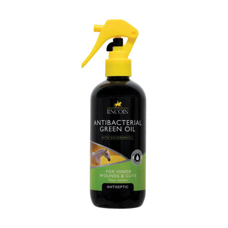 Lincoln antibacterial green oil spray bottle with bright yellow trigger and dark green label featuring a horse image