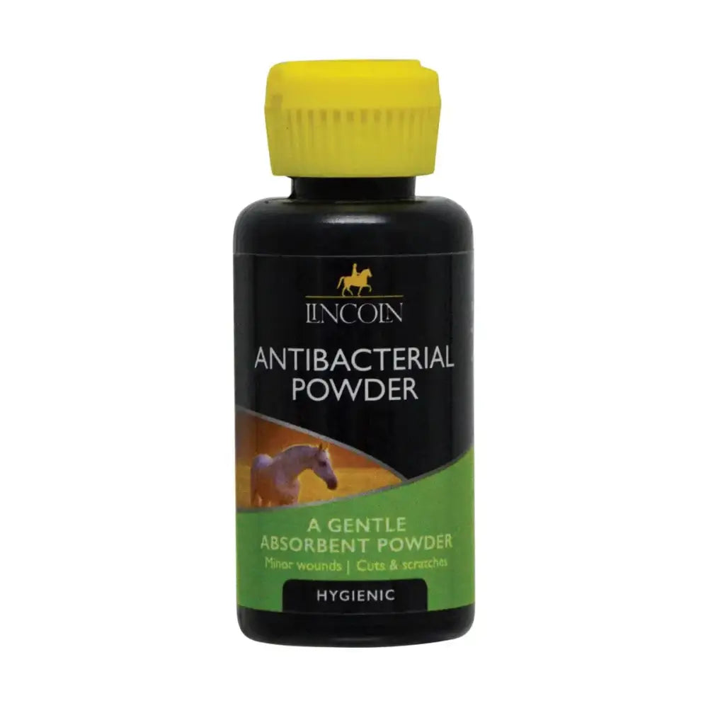 Black plastic bottle with yellow cap of lincoln antibacterial powder absorbent antibacterial powder for horse care