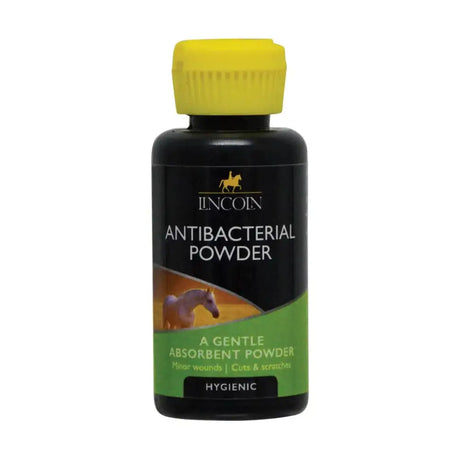 Black plastic bottle with yellow cap of lincoln antibacterial powder absorbent antibacterial powder for horse care