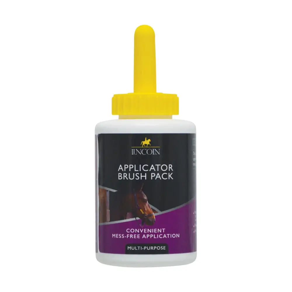 White plastic lincoln applicator brush pack with bright yellow dropper cap and black purple label for mess free hoof oil use