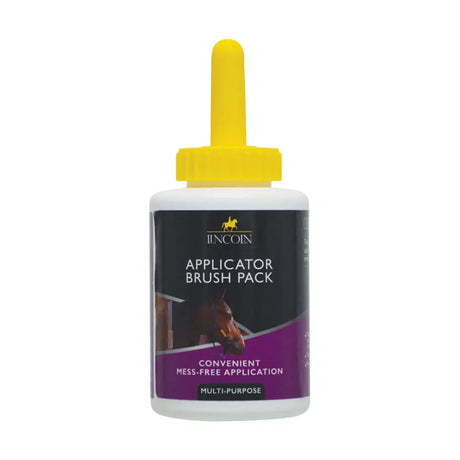 White plastic lincoln applicator brush pack with bright yellow dropper cap and black purple label for mess free hoof oil use