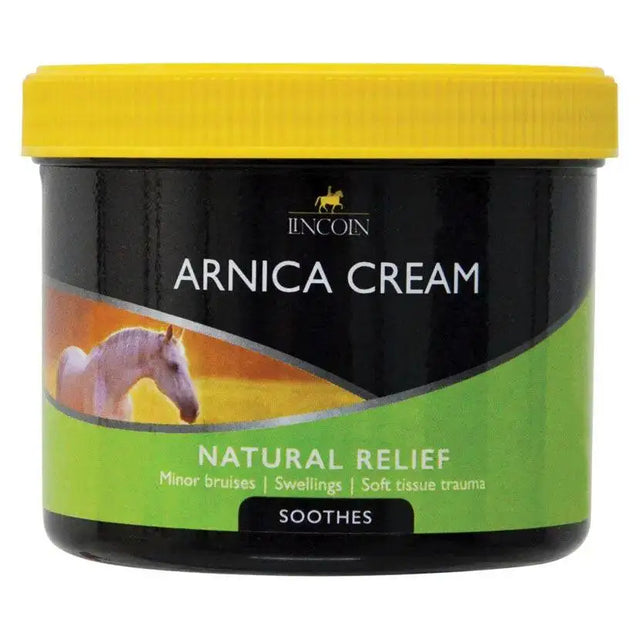 Lincoln arnica cream in black and green jar with yellow lid featuring horse image for bruising resulting and horse care