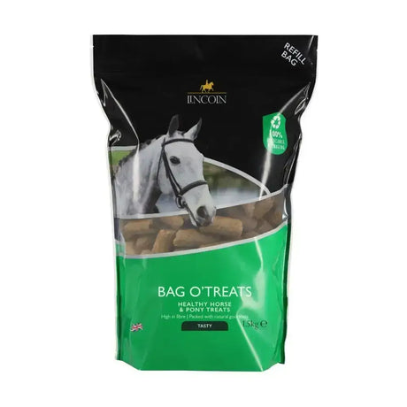 Green and black resealable bag of lincoln bag o treats high fibre treats refill pouch with white horse image