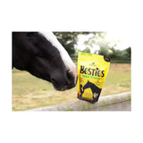 Bright yellow lincoln besties bag of delicious apple treats for horses with black horse silhouette and bold brand name