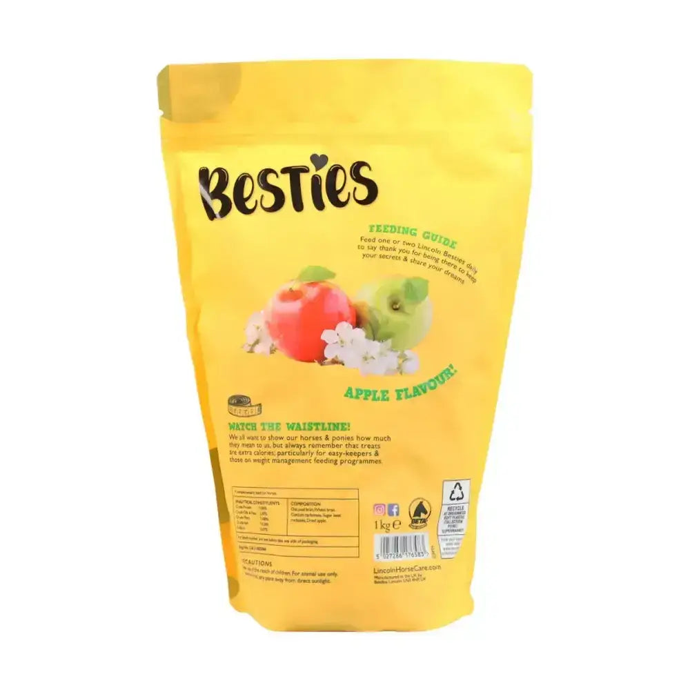 Bright yellow resealable pouch of lincoln besties apple flavour horse feed with red and green apple illustration for delicious apple treats and special bond