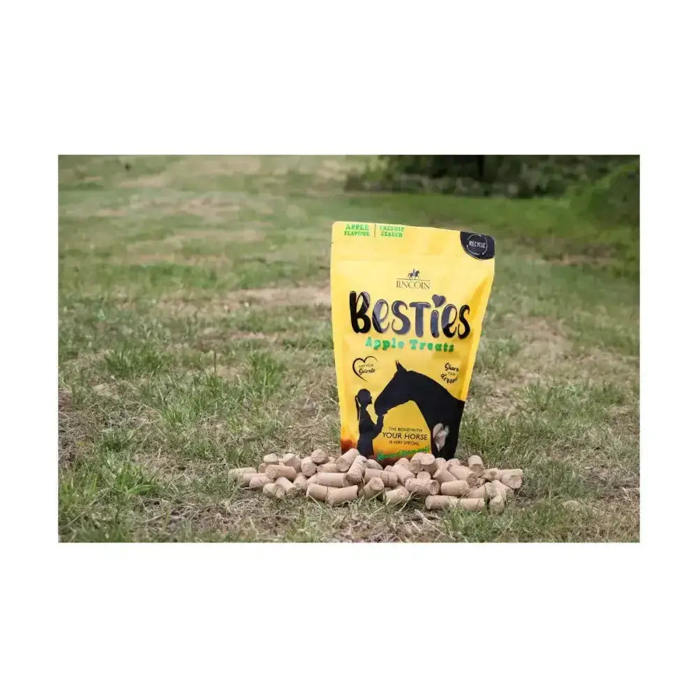 Yellow bag of lincoln besties delicious apple treats with black silhouette design and scattered light brown treats around it