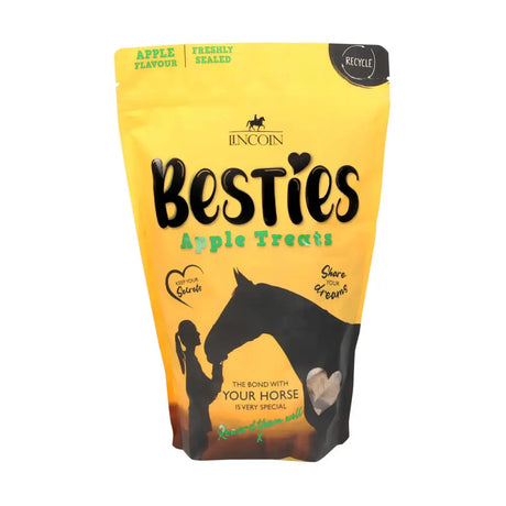 Yellow pouch of lincoln besties delicious apple treats with black silhouette design and heart motifs celebrating special bond