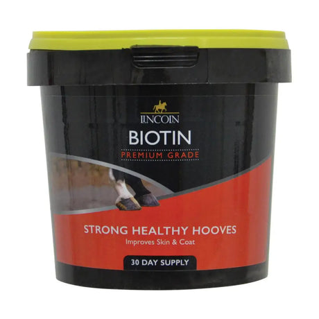 Lincoln biotin premium grade horse hoof supplements in a black and red container with a lime green lid for daily hoof boost