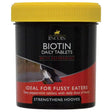 Black cylindrical container with bright yellow lid labeled lincoln biotin daily tasty hoof care supplement with peppermint